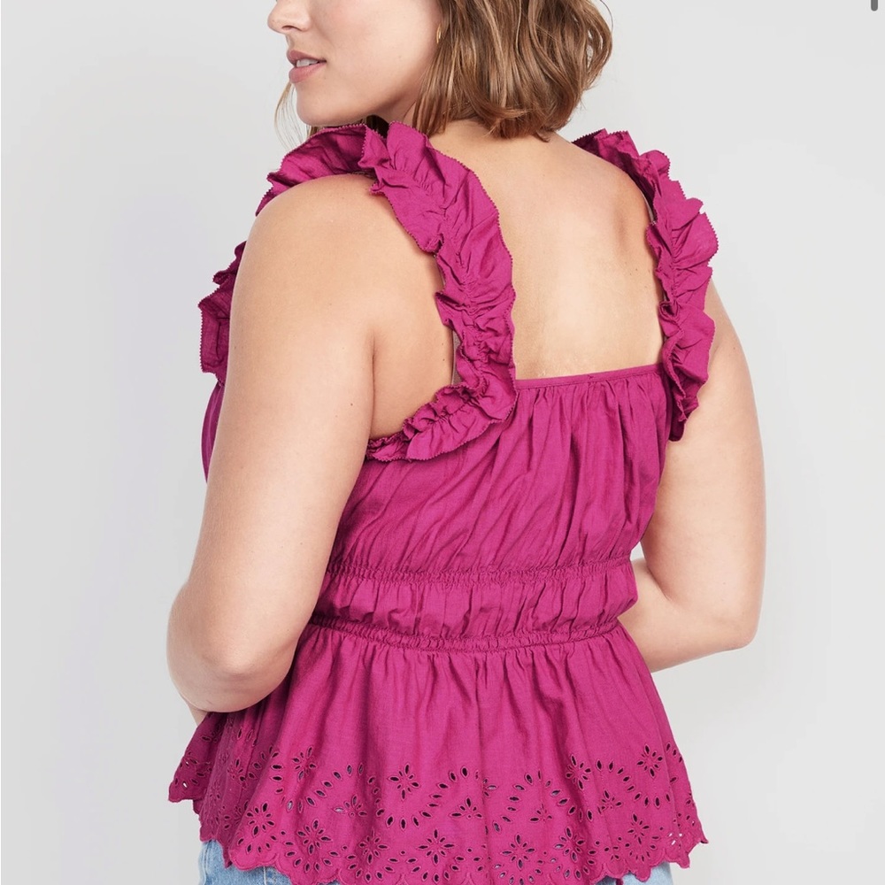 Sleeveless Waist-Defined Ruffle-Trimmed Embroidered Babydoll Blouse Dragon Fruit - Picture 6 of 9